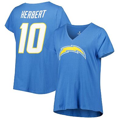 Women's Justin Herbert Powder Blue Los Angeles Chargers Plus Size Fair Catch Name & Number V-Neck T-Shirt