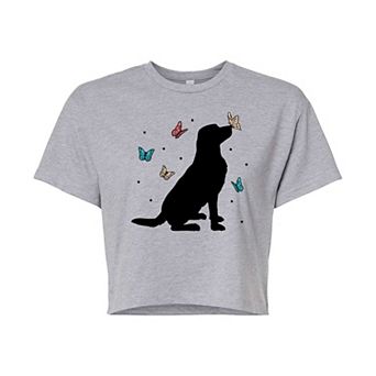 Juniors' Dog And Butterflies Cropped Graphic Tee