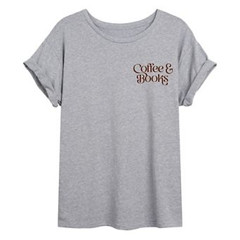 Juniors' Coffee And Books Oversized Graphic Tee