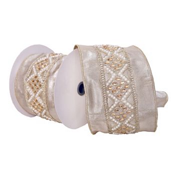 Vickerman Wired Edge Christmas Ribbon with Pearls and Gold Jewels