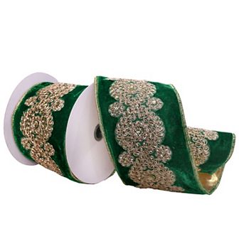 Vickerman Wired Edge Velvet Ribbon with Gold Embroidery