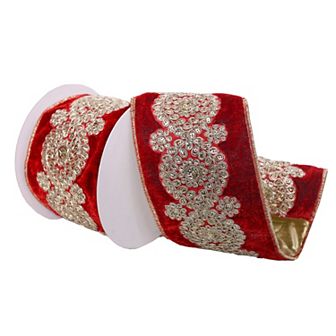 Vickerman Wired Edge with Light Gold Embroidery Christmas Ribbon