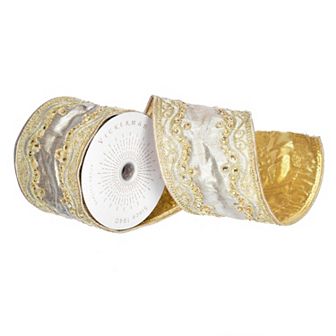 Vickerman Two-Sided Wired Edge Gold Embroidery Christmas Ribbon
