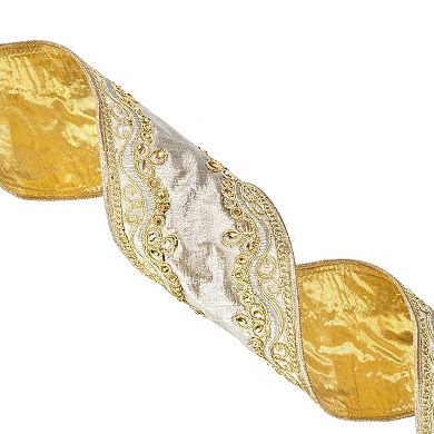 Vickerman Two-Sided Wired Edge Gold Embroidery Christmas Ribbon