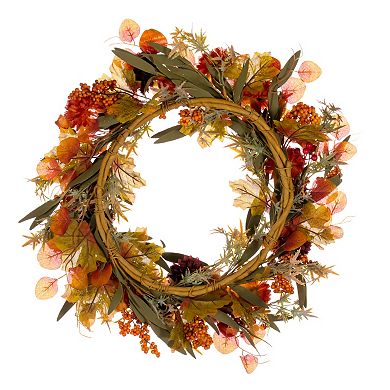 Vickerman 20" Burgundy Mum, Lantern & Berry Artificial Wreath