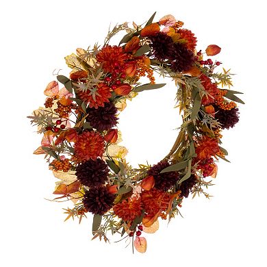 Vickerman 20" Burgundy Mum, Lantern & Berry Artificial Wreath