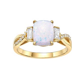 Gemminded 18 Gold Over Silver Lab-Created White Opal Baguette Ring