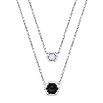 Gemminded Sterling Silver Onyx & Lab-Created Opal Hexagon Layered Necklace