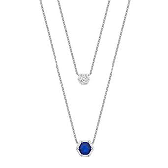 Gemminded Sterling Silver Lab-Created Sapphire & Lab-Created White Sapphire Hexagon Layered Necklace