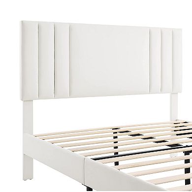 BIKAHOM Tufted Upholstered Platform Bed Frame w/Adjusting Headboard, Full, White