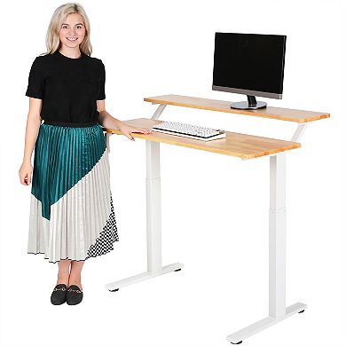 SDADI Adjustable Height Steel Frame 2 Tier Standing Desk w/ Crank, Black/Teak