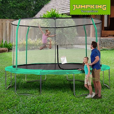 JumpKing JK1418C2 14 Foot Padded Enclosed Round Trampoline with G3 Poles, Green