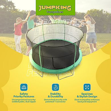 JumpKing JK1418C2 14 Foot Padded Enclosed Round Trampoline with G3 Poles, Green