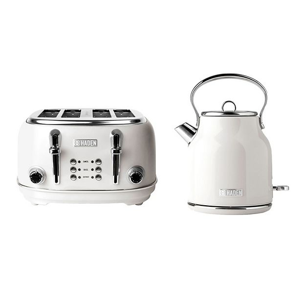 Haden Heritage 1.7 Liter Electric Tea Kettle & 4 Slice Wide Slot Toaster,  White