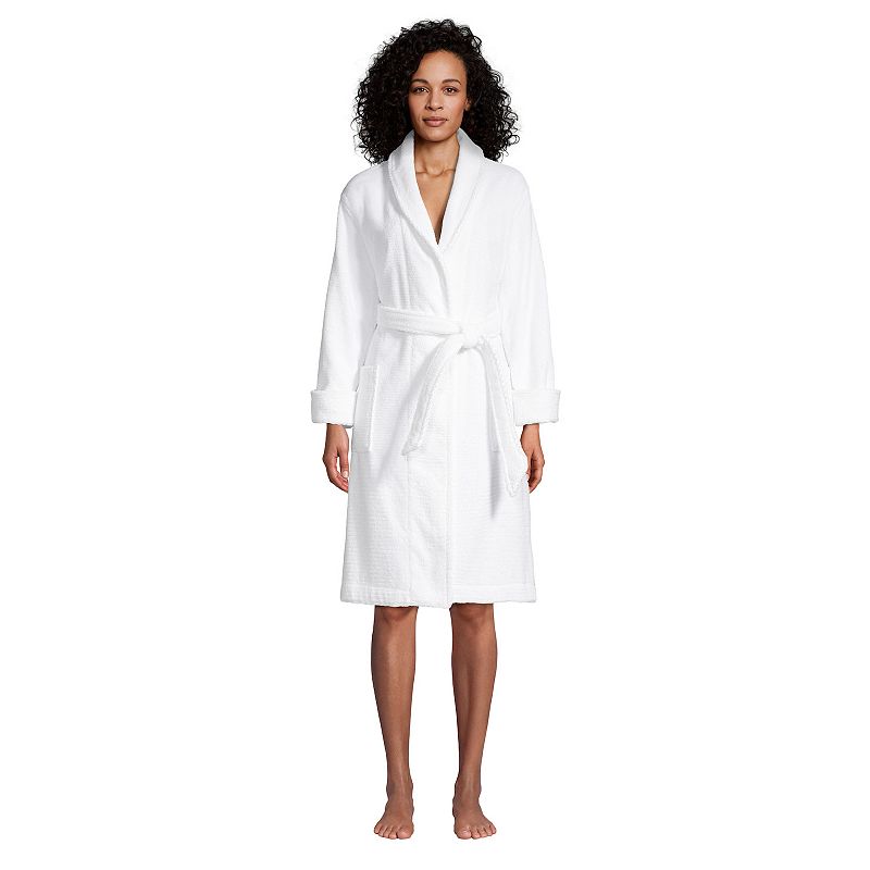Womens Lands End Cotton Terry Knee Length Spa Bath Robe, Size: Small, Whi