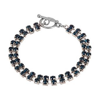 1928 Silver Tone Dark Blue 2 Row Rhinestone Toggle Bracelet