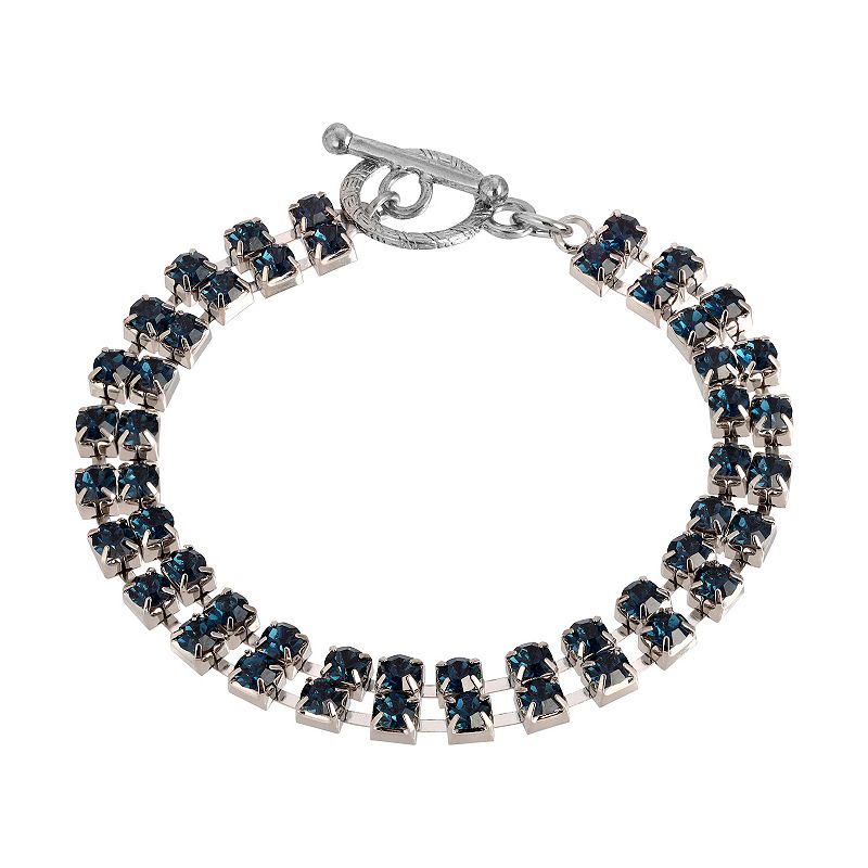 1928 Silver Tone Dark Blue 2 Row Rhinestone Toggle Bracelet, Womens