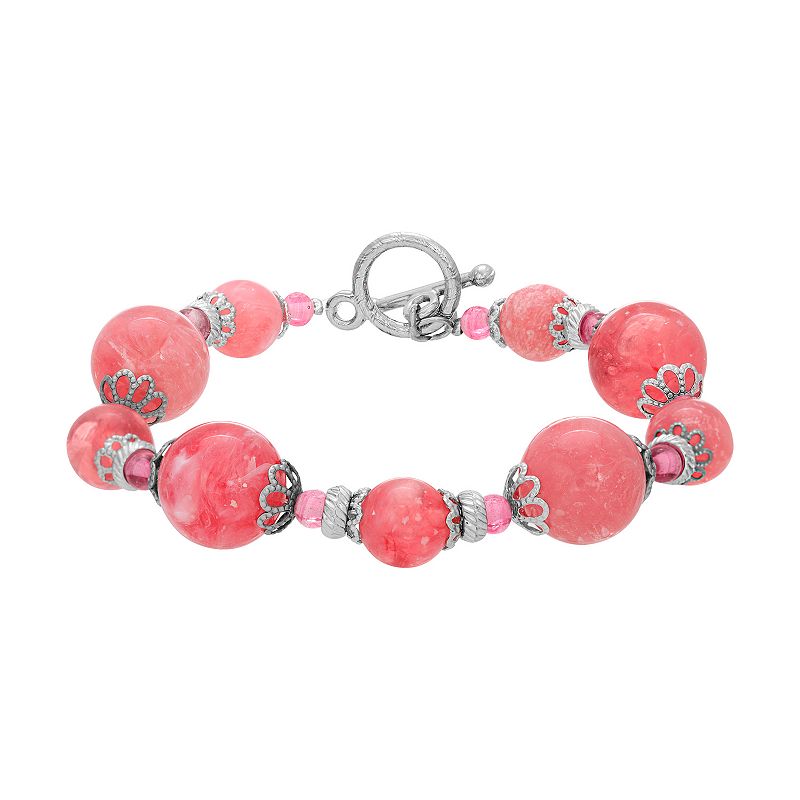1928 Silver Tone Pink Beaded Toggle Bracelet, Womens