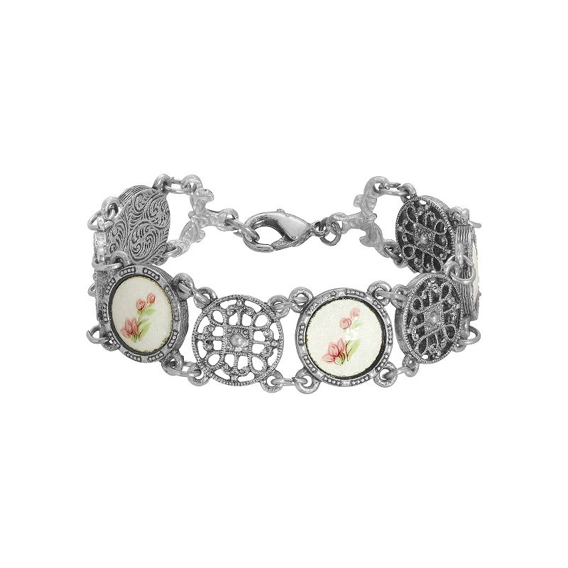 1928 Silver Tone Round Multi-Loop Filigree Bracelet, Womens, Pink