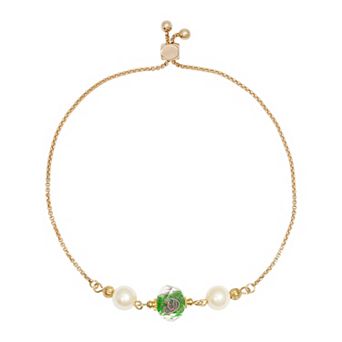 1928 Gold Tone Simulated Crystal Olivine Flower and Simulated Pearl Bracelet