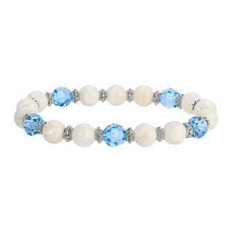 1928 Silver Tone Simulated Mother Of Pearl With Aqua Stone Stretch Bracelet