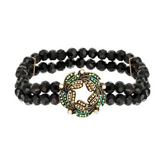 1928 Gold Tone Iridescent Glass Stone Wreath and Black Bead Bracelet