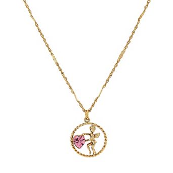 1928 Gold Tone Suspended Cherub Angel and Heart Necklace