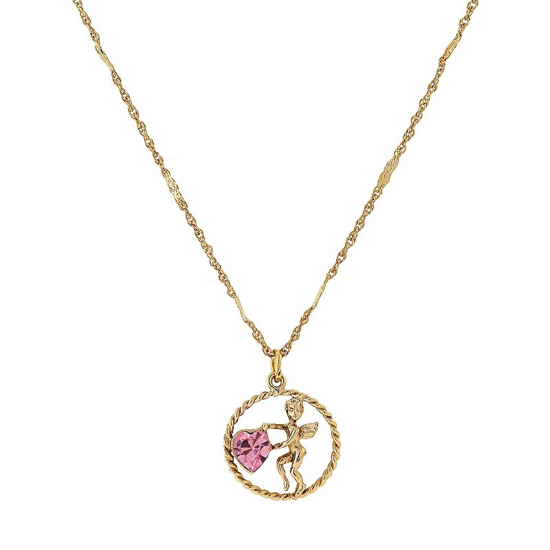 1928 Gold Tone Suspended Cherub Angel and Heart Necklace, Womens, Pink