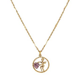 1928 Gold Tone Suspended Cherub Angel and Heart Necklace