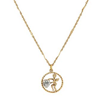 1928 Gold Tone Suspended Cherub Angel and Heart Necklace