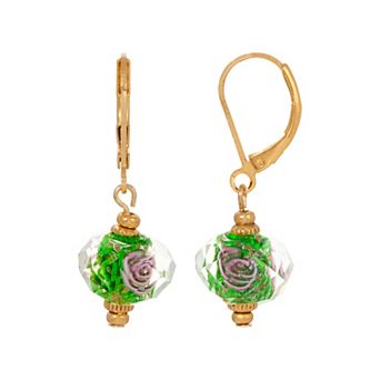 1928 Gold Tone Simulated Crystal Emerald Flower Earrings