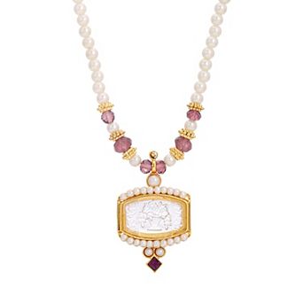 1928 Gold Toned Simulated Pearl Etched Glass Intaglio Stone Necklace