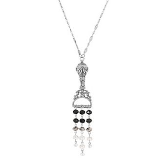 1928 Silver Tone Necklace With Jet, Hematite, and Clear Beads