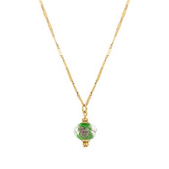 1928 Gold Tone Emerald and Pink Flower Bead Necklace