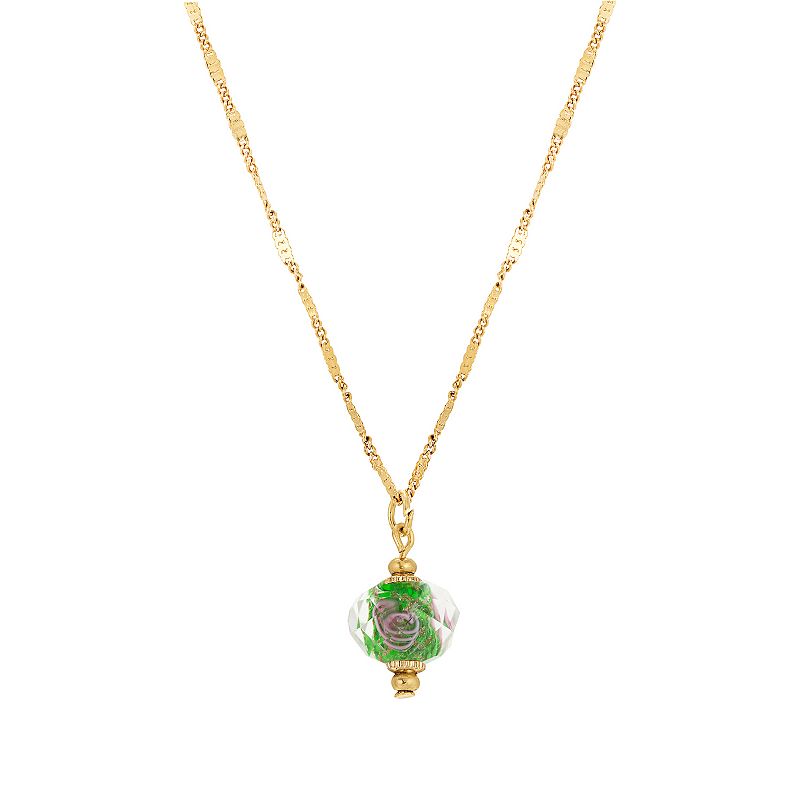 1928 Gold Tone Emerald and Pink Flower Bead Necklace, Womens, Green