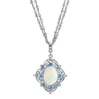 1928 Silver Tone Aqua and Simulated Oval Pearl Necklace