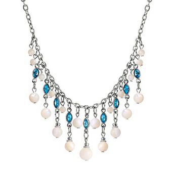 1928 Silver Tone Aqua and Simulated Pearl Fringe Necklace
