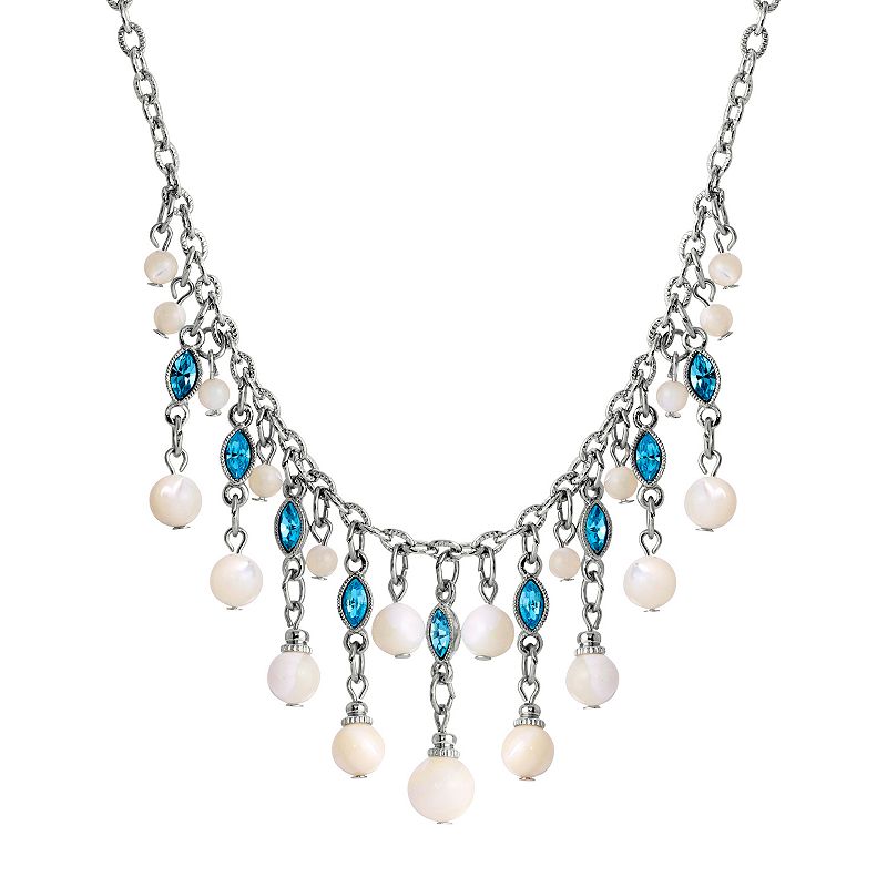 1928 Silver Tone Aqua and Simulated Pearl Fringe Necklace, Womens, White