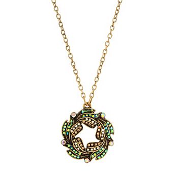 1928 Gold Tone Blue Iridescent Glass Stone Wreath Necklace