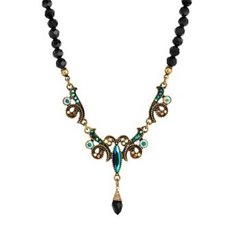 1928 Gold Tone Blue Iridescent Glass Stone and Jet Black Bead Necklace