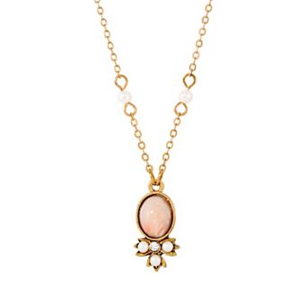 1928 Gold Tone Peach Color Simulated Pearl and Crystal Drop Necklace