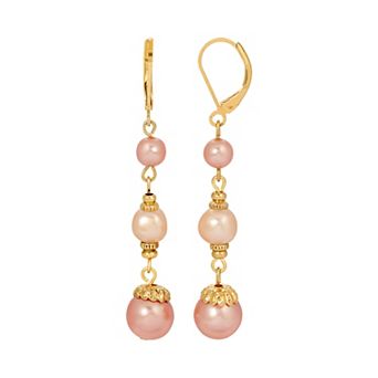 1928 Gold Tone Pink Drop Simulated Pearl Earrings