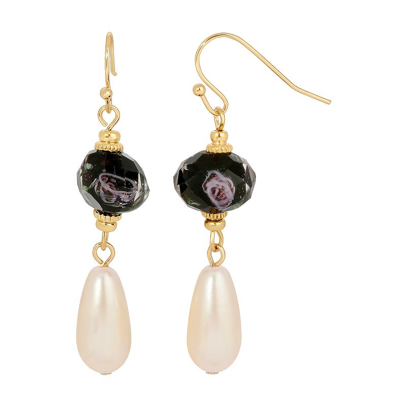 1928 Gold Tone Simulated Crystal and Pearl Drop Earrings, Womens, Black