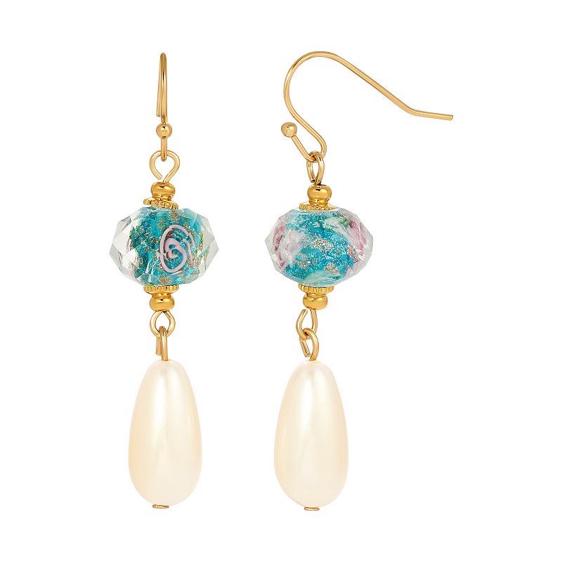 1928 Gold Tone Simulated Crystal and Pearl Drop Earrings, Womens, Blue