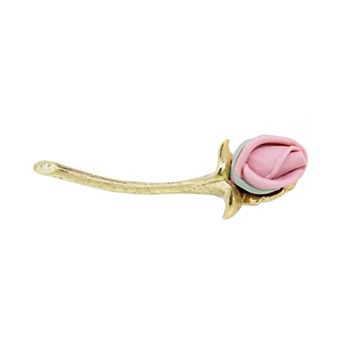 1928 Gold Tone Pink Long Stem Porcelain Rose Pin