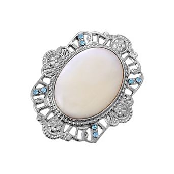 1928 Silver Tone Mother Of Simulated Pearl Oval Pin