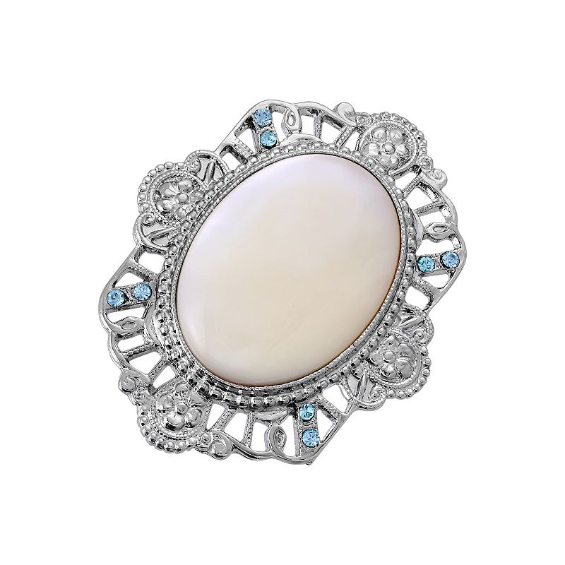 1928 Silver Tone Mother Of Simulated Pearl Oval Pin, Womens, White