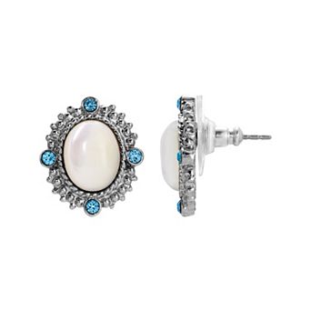 1928 Silver Tone with Blue and Simulated Mother Of Pearl Oval Earrings