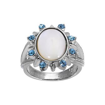 1928 Silver Tone Mother Of Pearl and Aqua Stone Ring