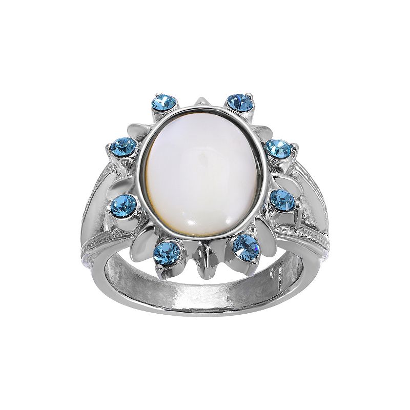 1928 Silver Tone Mother Of Pearl and Aqua Stone Ring, Womens, White